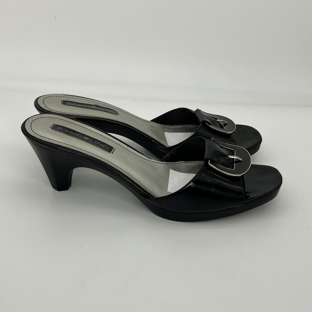 Bandolino Heeled Sandals Women 7.5 Black Patent Buckle Slide Dress Shoes Classic - Picture 4 of 11